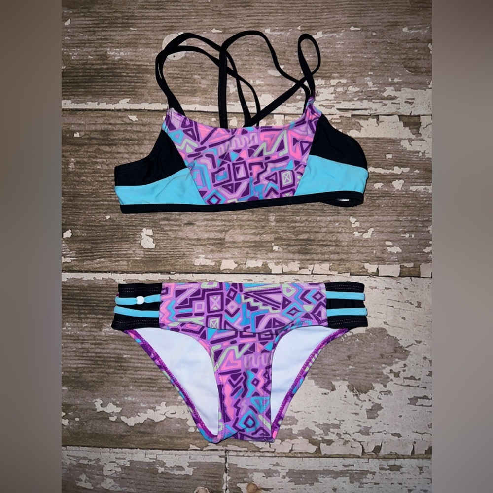 Girls Aztec print purple black teal bikini bathing suit swimsuit 7/8 swim